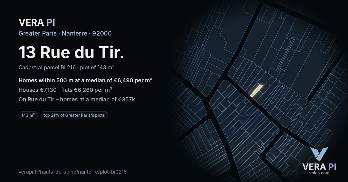 13 Rue du Tir, Nanterre at night – the plot lit, the parcels around coloured by the prices near them