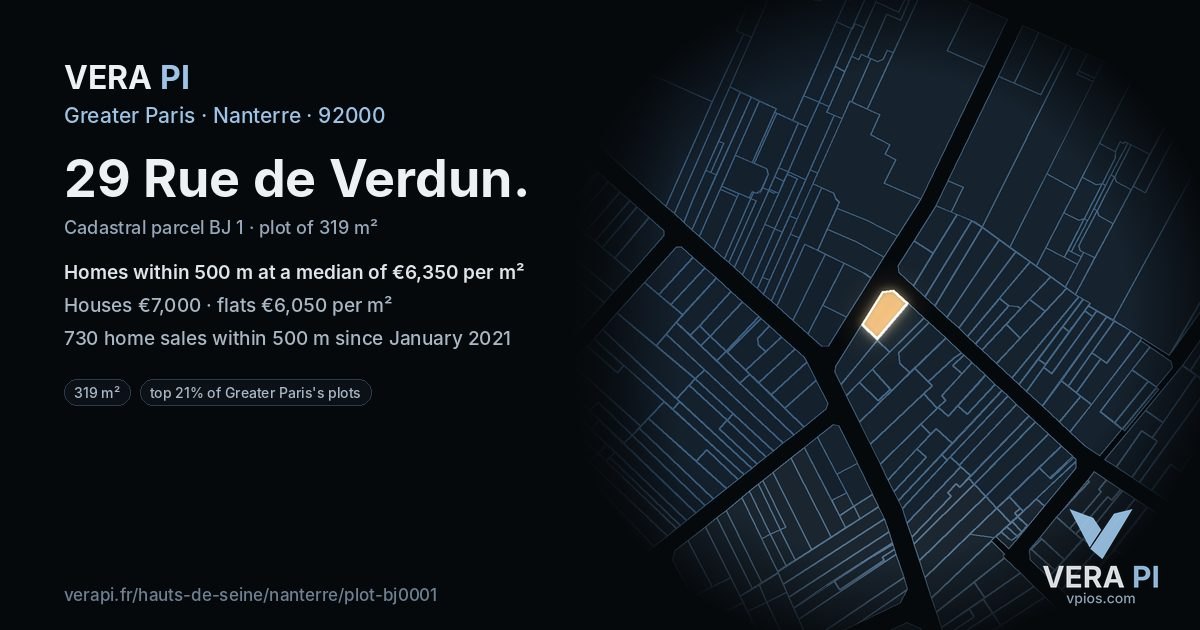 29 Rue de Verdun, Nanterre at night – the plot lit, the parcels around coloured by the prices near them