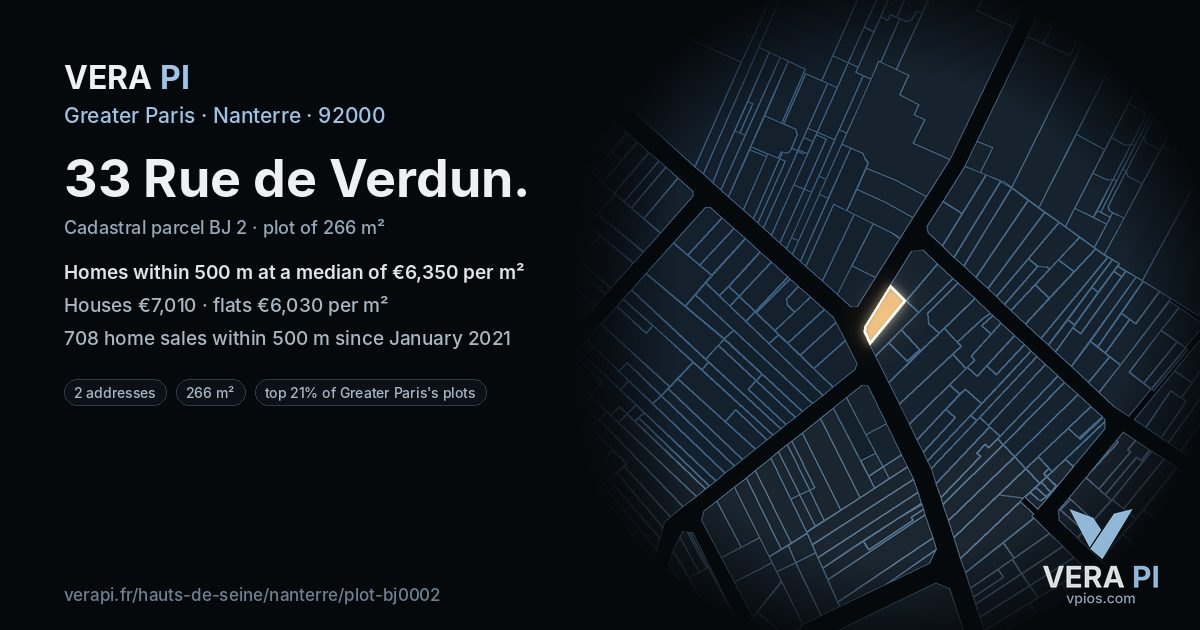 33 Rue de Verdun, Nanterre at night – the plot lit, the parcels around coloured by the prices near them