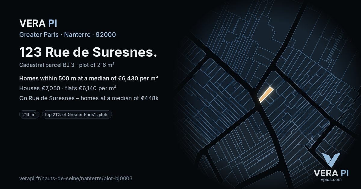 123 Rue de Suresnes, Nanterre at night – the plot lit, the parcels around coloured by the prices near them