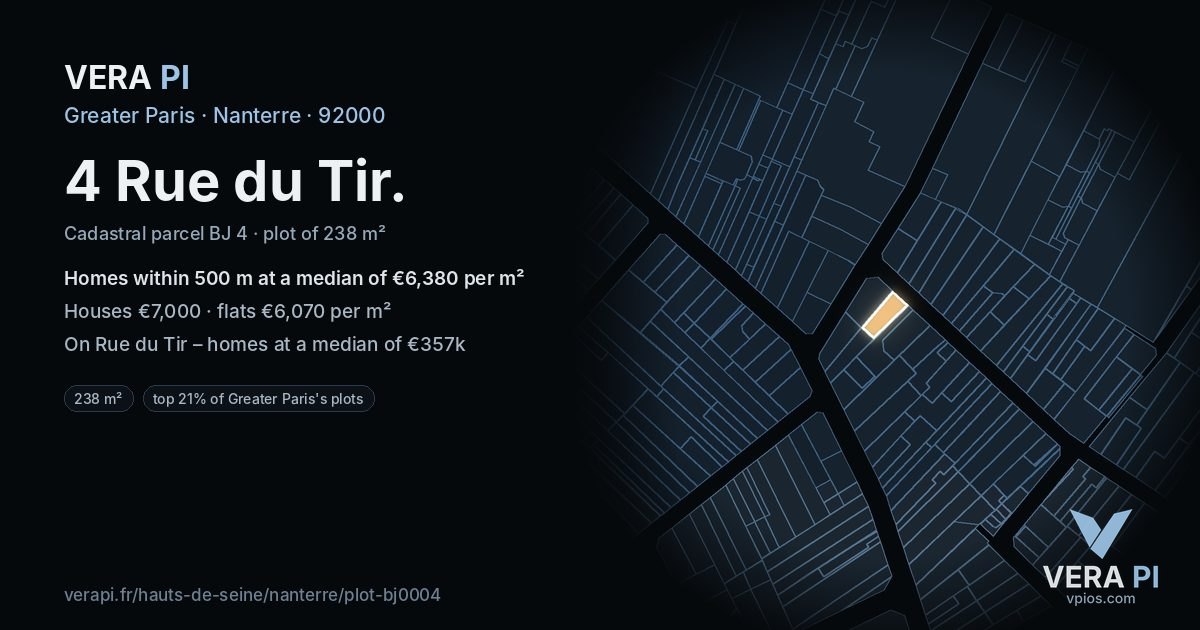 4 Rue du Tir, Nanterre at night – the plot lit, the parcels around coloured by the prices near them