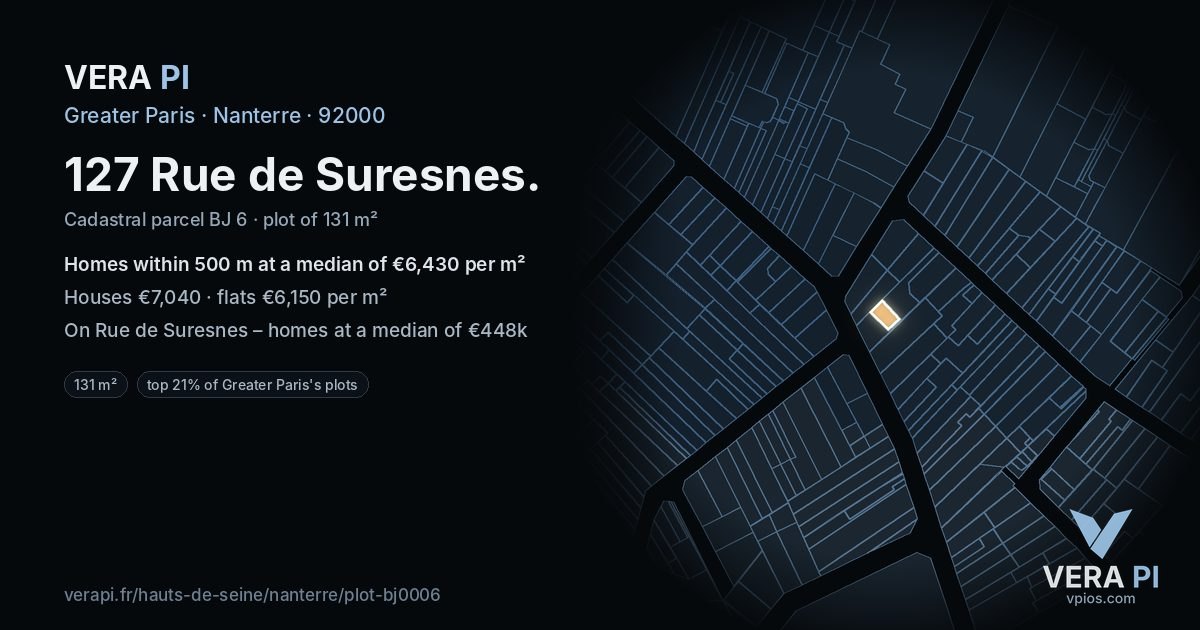 127 Rue de Suresnes, Nanterre at night – the plot lit, the parcels around coloured by the prices near them