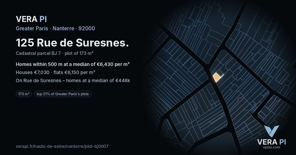 125 Rue de Suresnes, Nanterre at night – the plot lit, the parcels around coloured by the prices near them