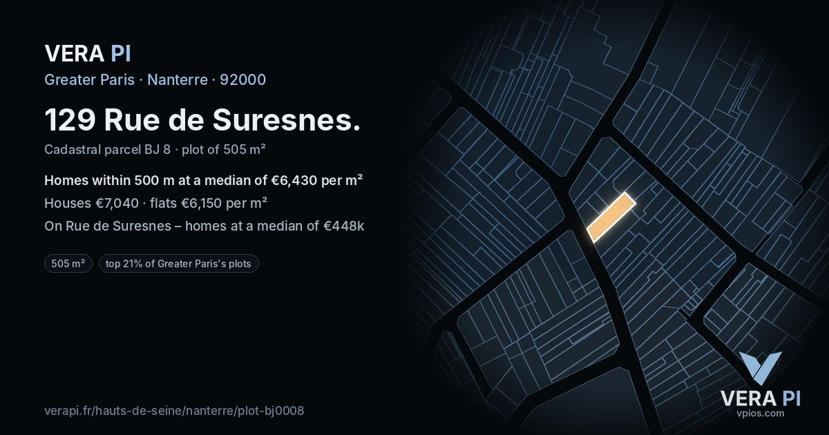 129 Rue de Suresnes, Nanterre at night – the plot lit, the parcels around coloured by the prices near them