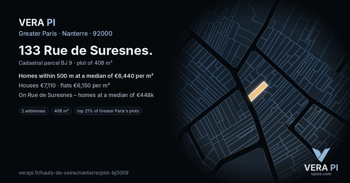 133 Rue de Suresnes, Nanterre at night – the plot lit, the parcels around coloured by the prices near them