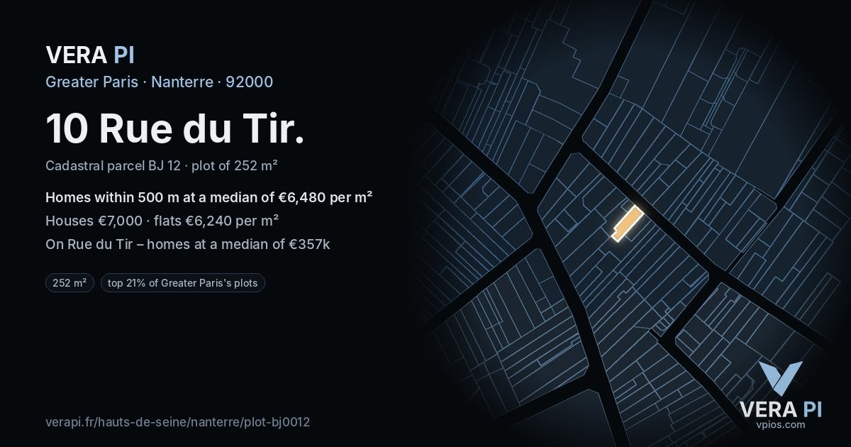 10 Rue du Tir, Nanterre at night – the plot lit, the parcels around coloured by the prices near them