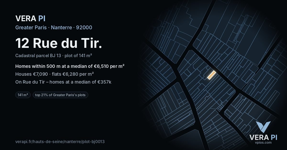 12 Rue du Tir, Nanterre at night – the plot lit, the parcels around coloured by the prices near them