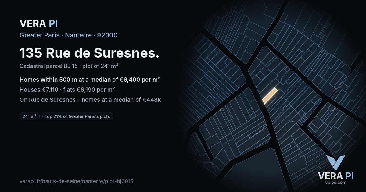 135 Rue de Suresnes, Nanterre at night – the plot lit, the parcels around coloured by the prices near them