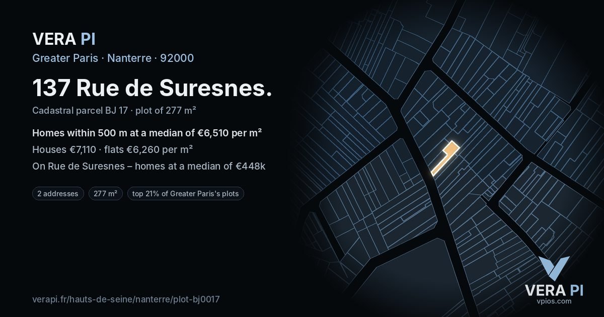 137 Rue de Suresnes, Nanterre at night – the plot lit, the parcels around coloured by the prices near them