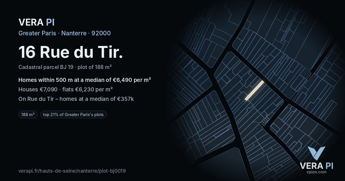 16 Rue du Tir, Nanterre at night – the plot lit, the parcels around coloured by the prices near them