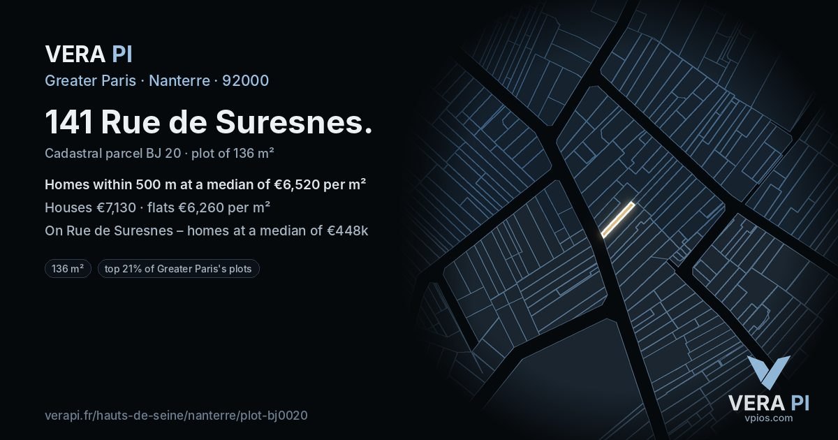 141 Rue de Suresnes, Nanterre at night – the plot lit, the parcels around coloured by the prices near them