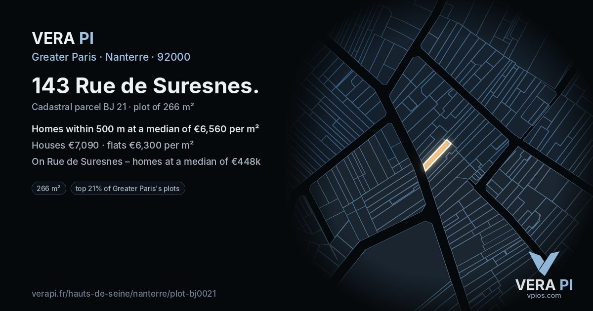 143 Rue de Suresnes, Nanterre at night – the plot lit, the parcels around coloured by the prices near them