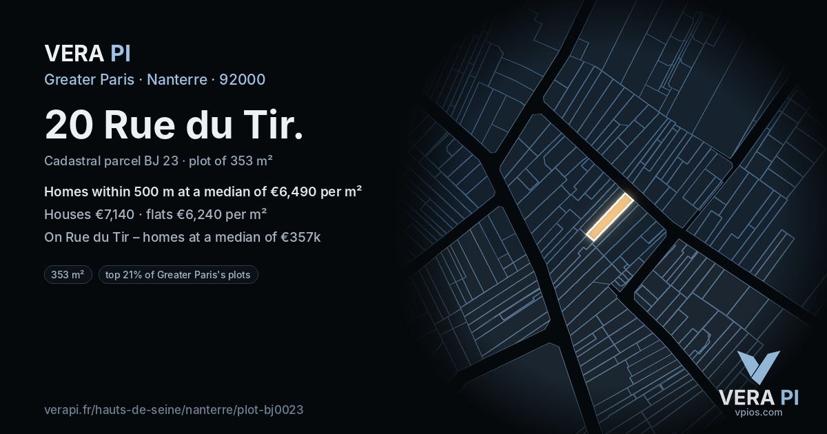 20 Rue du Tir, Nanterre at night – the plot lit, the parcels around coloured by the prices near them