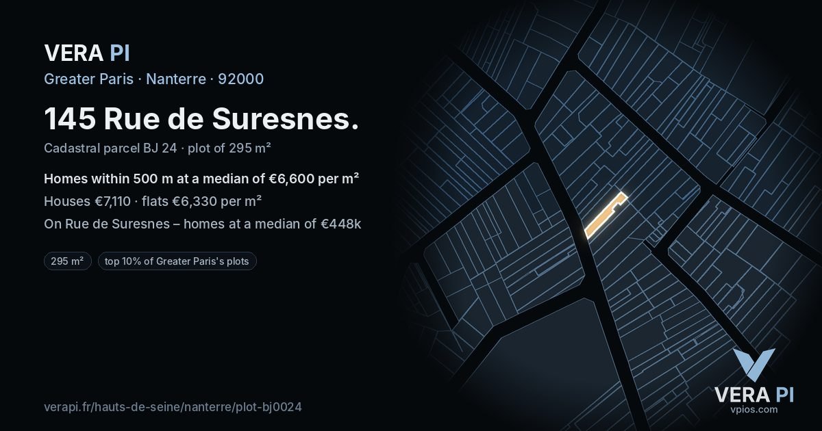145 Rue de Suresnes, Nanterre at night – the plot lit, the parcels around coloured by the prices near them