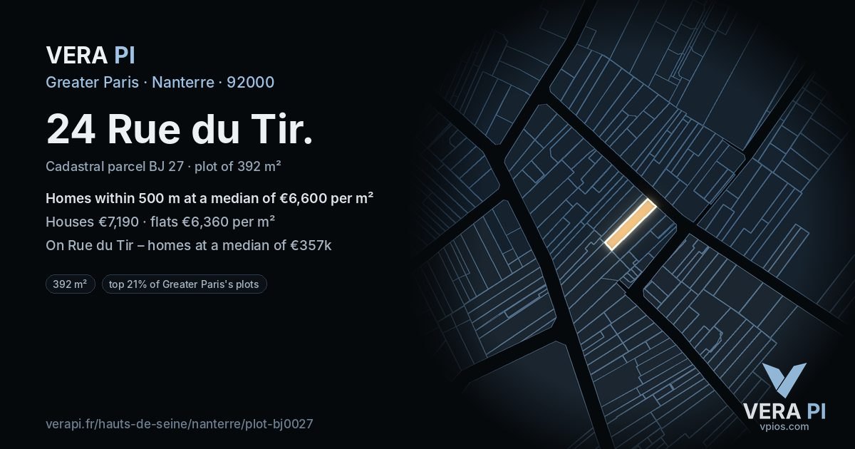 24 Rue du Tir, Nanterre at night – the plot lit, the parcels around coloured by the prices near them