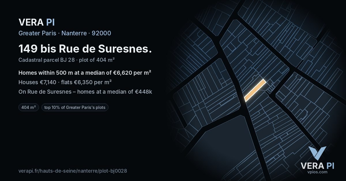 149 bis Rue de Suresnes, Nanterre at night – the plot lit, the parcels around coloured by the prices near them