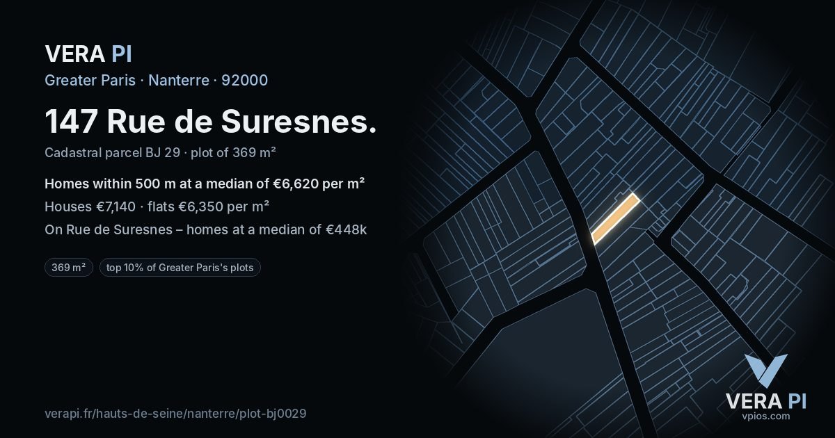 147 Rue de Suresnes, Nanterre at night – the plot lit, the parcels around coloured by the prices near them