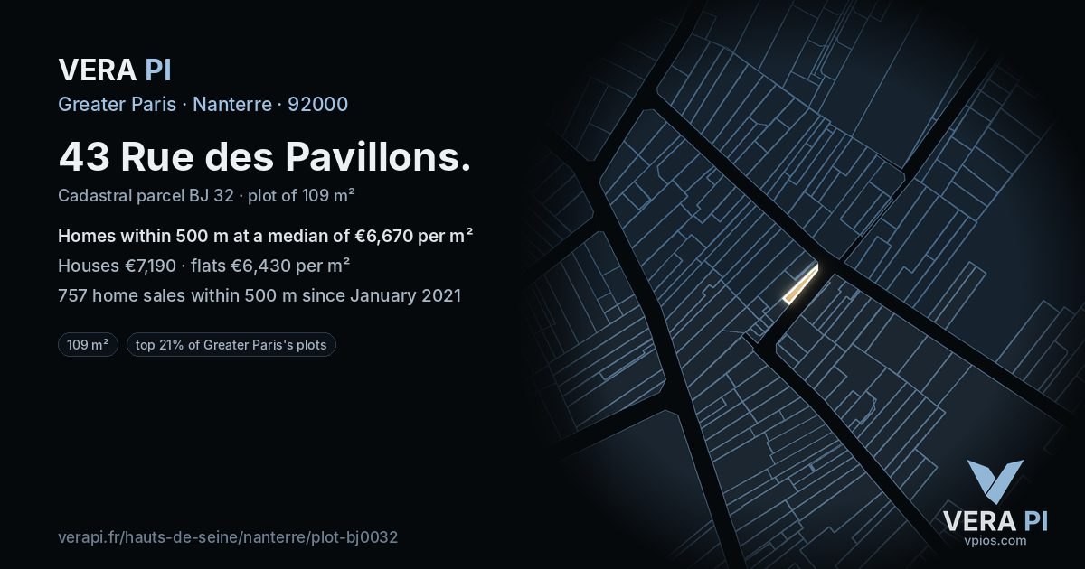 43 Rue des Pavillons, Nanterre at night – the plot lit, the parcels around coloured by the prices near them