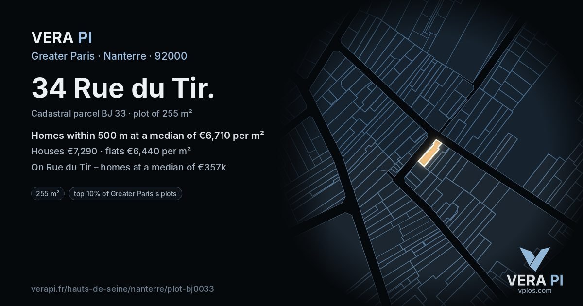 34 Rue du Tir, Nanterre at night – the plot lit, the parcels around coloured by the prices near them