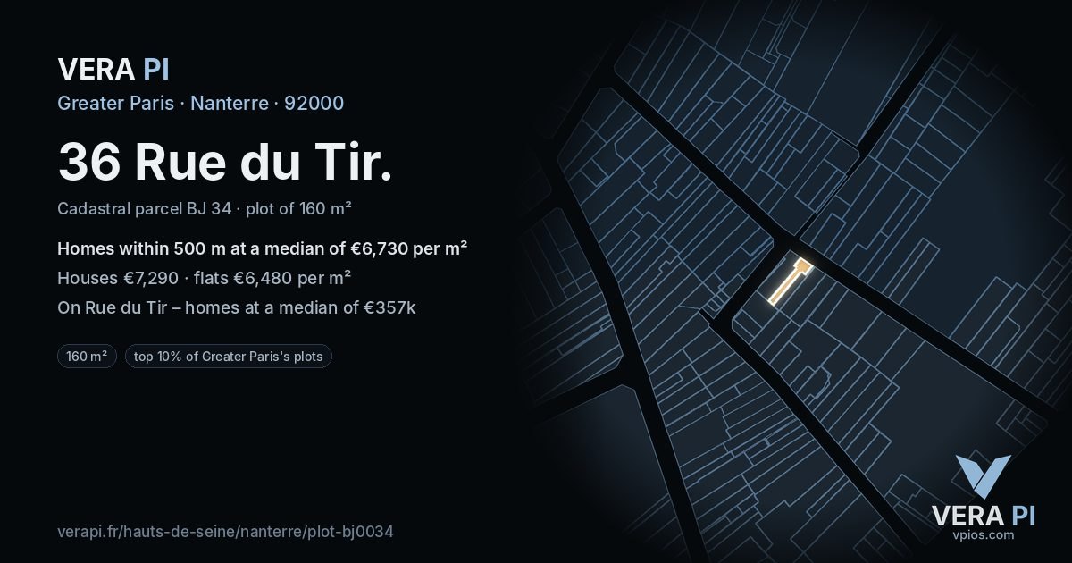 36 Rue du Tir, Nanterre at night – the plot lit, the parcels around coloured by the prices near them