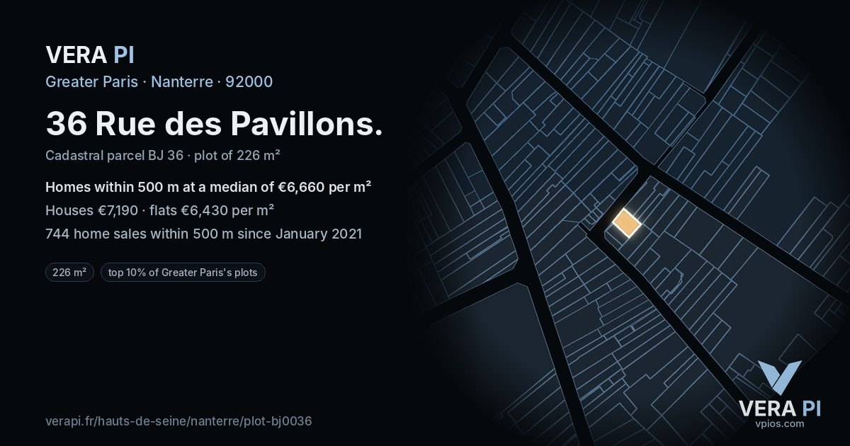 36 Rue des Pavillons, Nanterre at night – the plot lit, the parcels around coloured by the prices near them