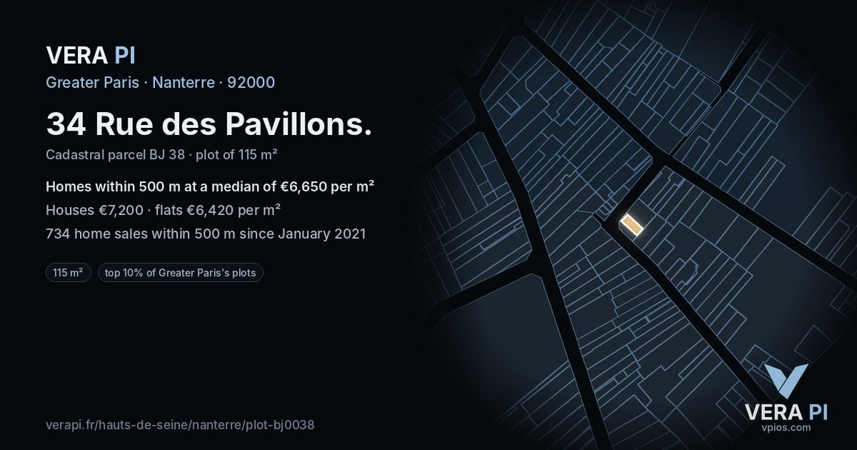 34 Rue des Pavillons, Nanterre at night – the plot lit, the parcels around coloured by the prices near them