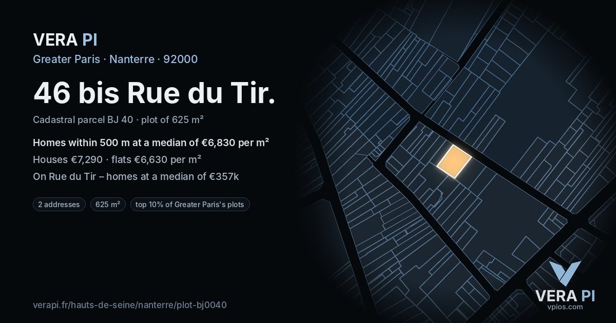 46 bis Rue du Tir, Nanterre at night – the plot lit, the parcels around coloured by the prices near them