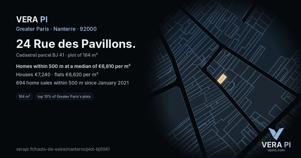 24 Rue des Pavillons, Nanterre at night – the plot lit, the parcels around coloured by the prices near them