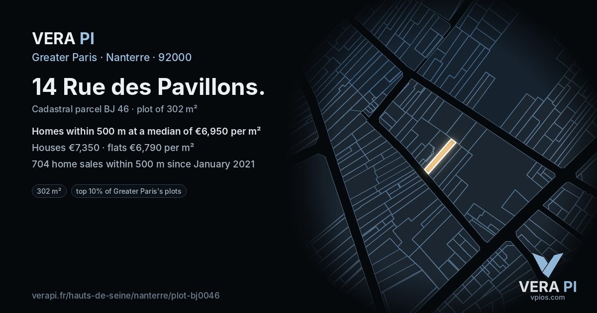 14 Rue des Pavillons, Nanterre at night – the plot lit, the parcels around coloured by the prices near them