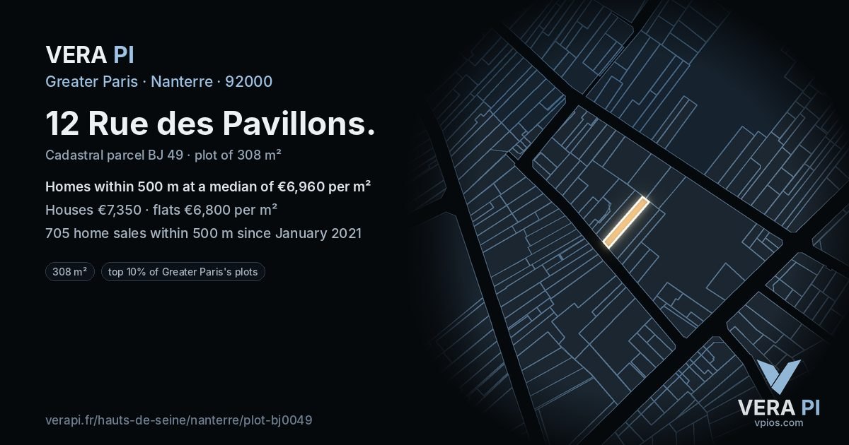 12 Rue des Pavillons, Nanterre at night – the plot lit, the parcels around coloured by the prices near them
