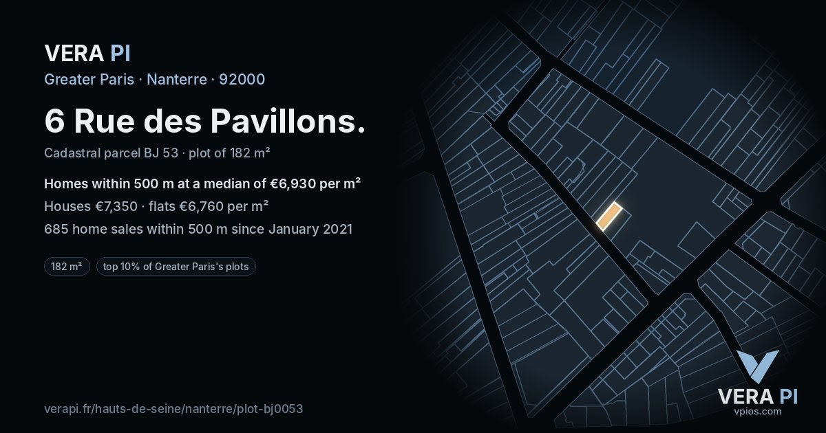 6 Rue des Pavillons, Nanterre at night – the plot lit, the parcels around coloured by the prices near them