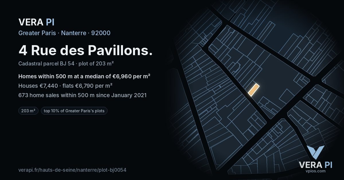 4 Rue des Pavillons, Nanterre at night – the plot lit, the parcels around coloured by the prices near them