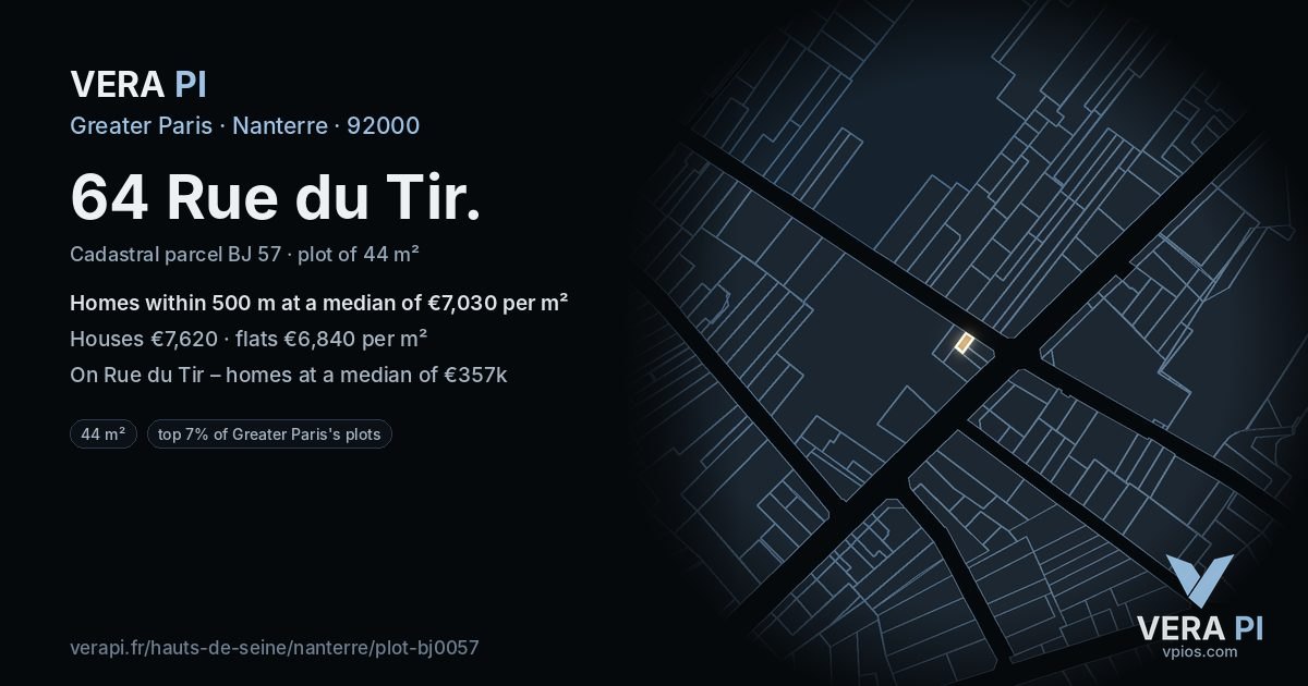 64 Rue du Tir, Nanterre at night – the plot lit, the parcels around coloured by the prices near them