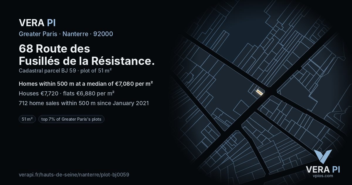 68 Route des Fusillés de la Résistance, Nanterre at night – the plot lit, the parcels around coloured by the prices near them