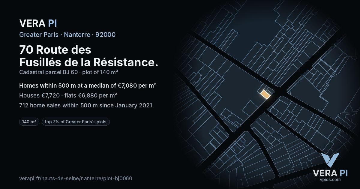 70 Route des Fusillés de la Résistance, Nanterre at night – the plot lit, the parcels around coloured by the prices near them