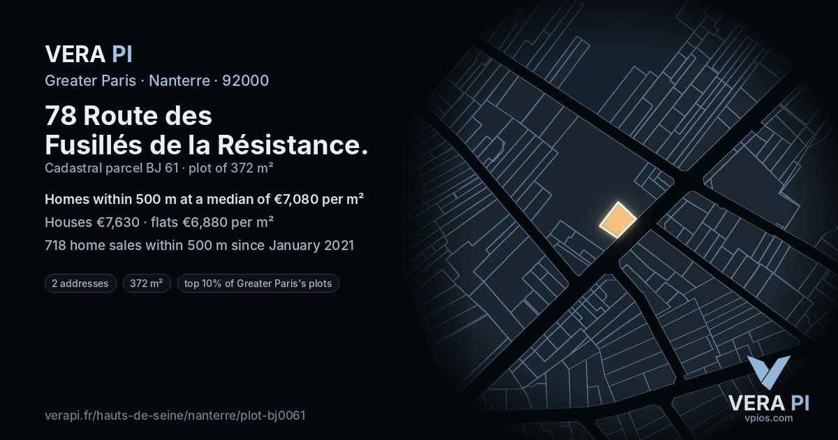 78 Route des Fusillés de la Résistance, Nanterre at night – the plot lit, the parcels around coloured by the prices near them