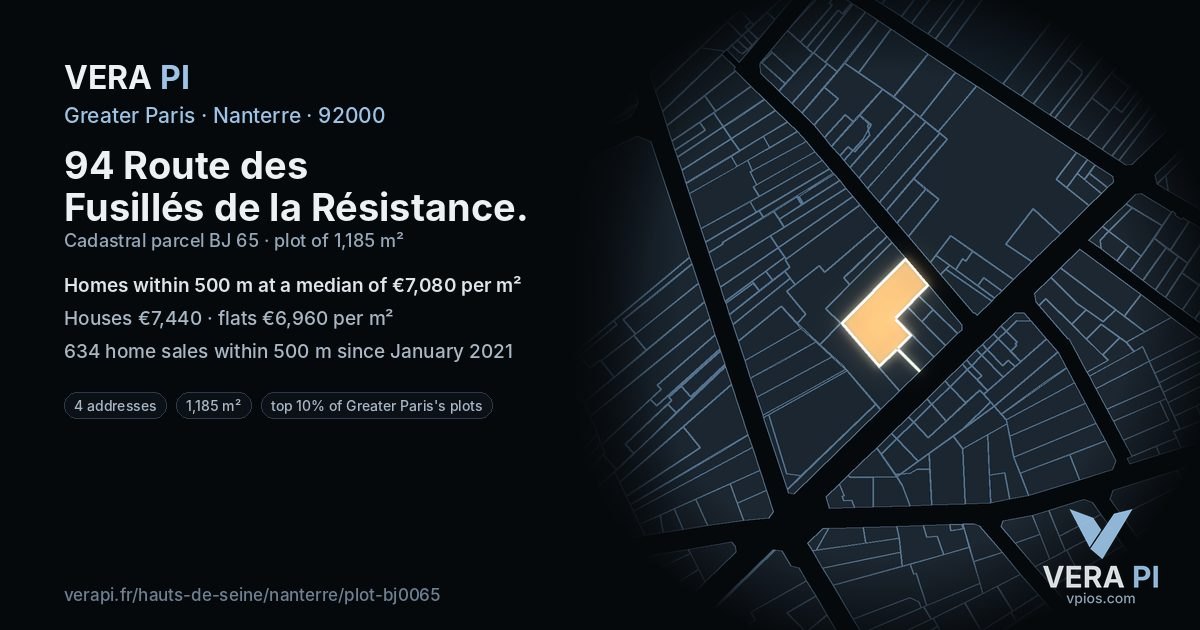 94 Route des Fusillés de la Résistance, Nanterre at night – the plot lit, the parcels around coloured by the prices near them