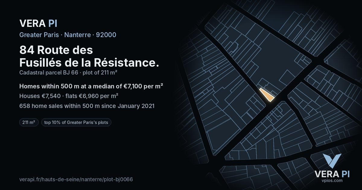 84 Route des Fusillés de la Résistance, Nanterre at night – the plot lit, the parcels around coloured by the prices near them