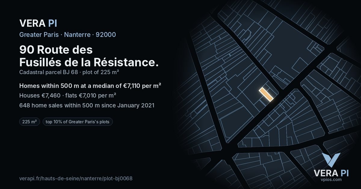 90 Route des Fusillés de la Résistance, Nanterre at night – the plot lit, the parcels around coloured by the prices near them