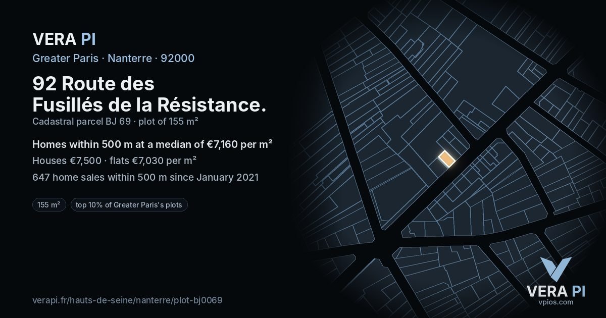 92 Route des Fusillés de la Résistance, Nanterre at night – the plot lit, the parcels around coloured by the prices near them