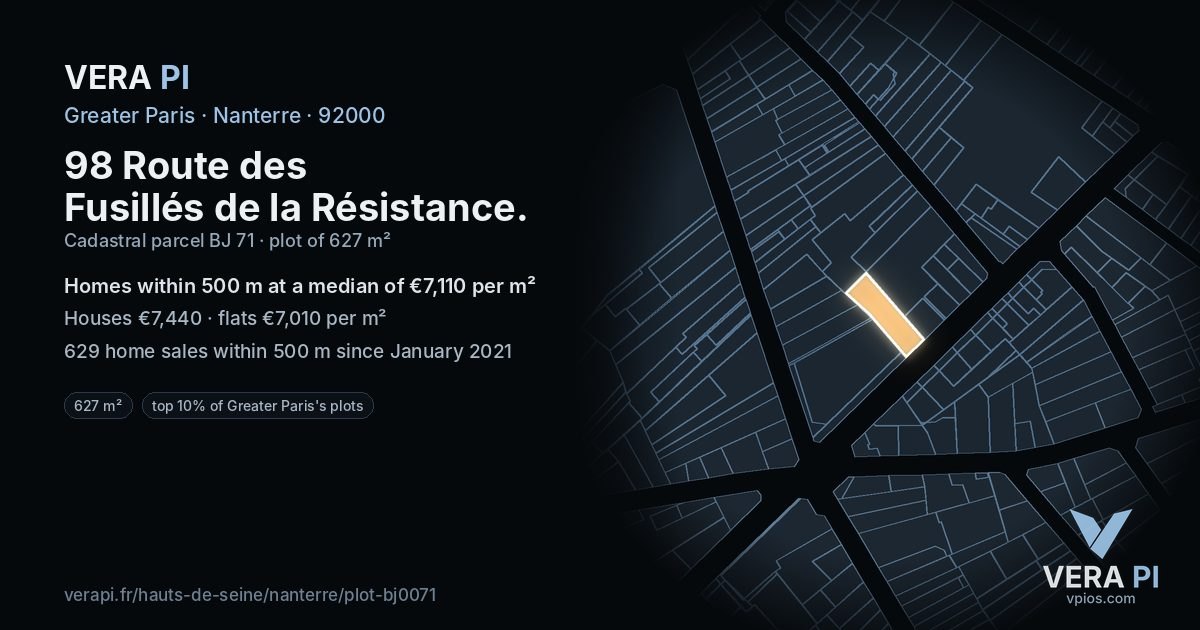 98 Route des Fusillés de la Résistance, Nanterre at night – the plot lit, the parcels around coloured by the prices near them