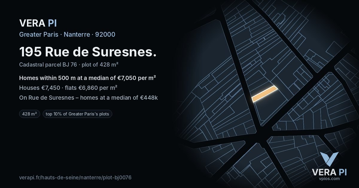 195 Rue de Suresnes, Nanterre at night – the plot lit, the parcels around coloured by the prices near them