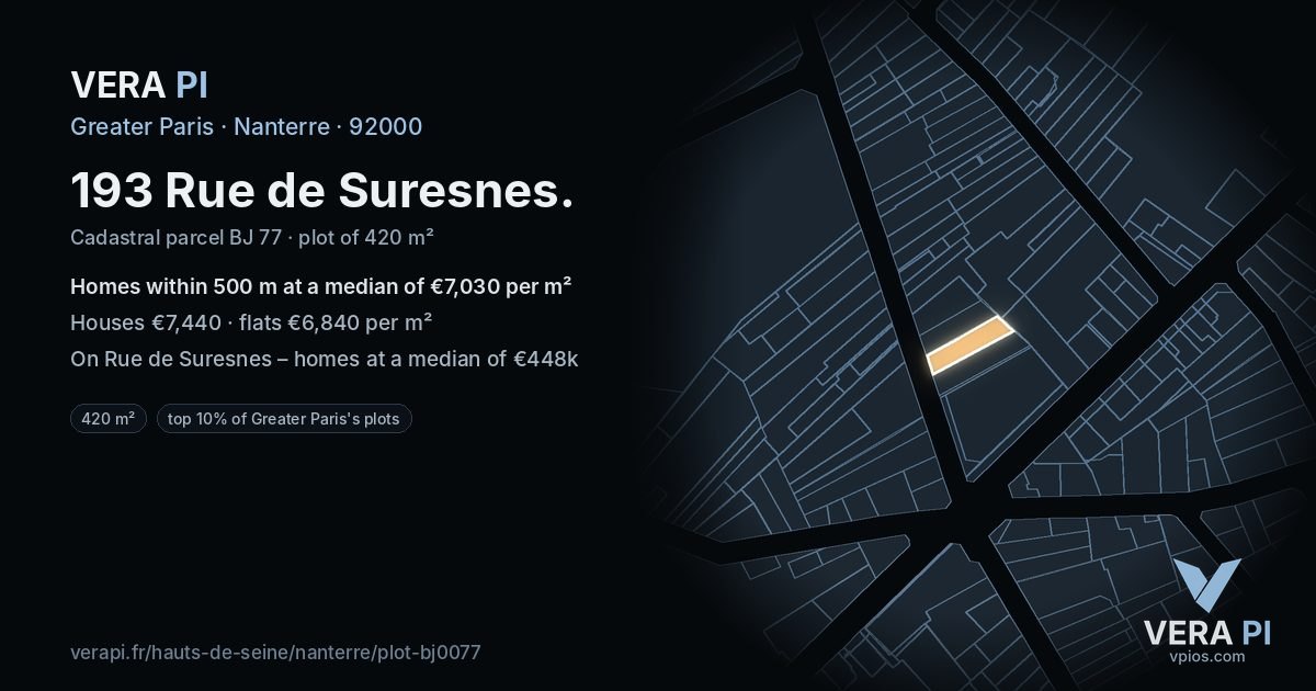 193 Rue de Suresnes, Nanterre at night – the plot lit, the parcels around coloured by the prices near them