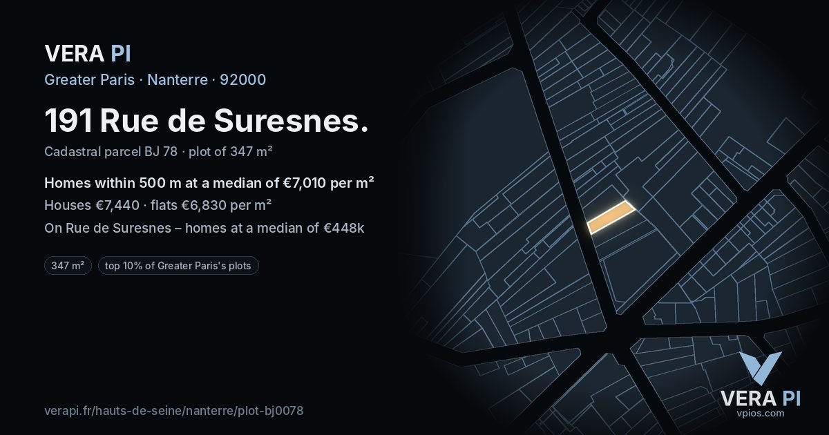 191 Rue de Suresnes, Nanterre at night – the plot lit, the parcels around coloured by the prices near them