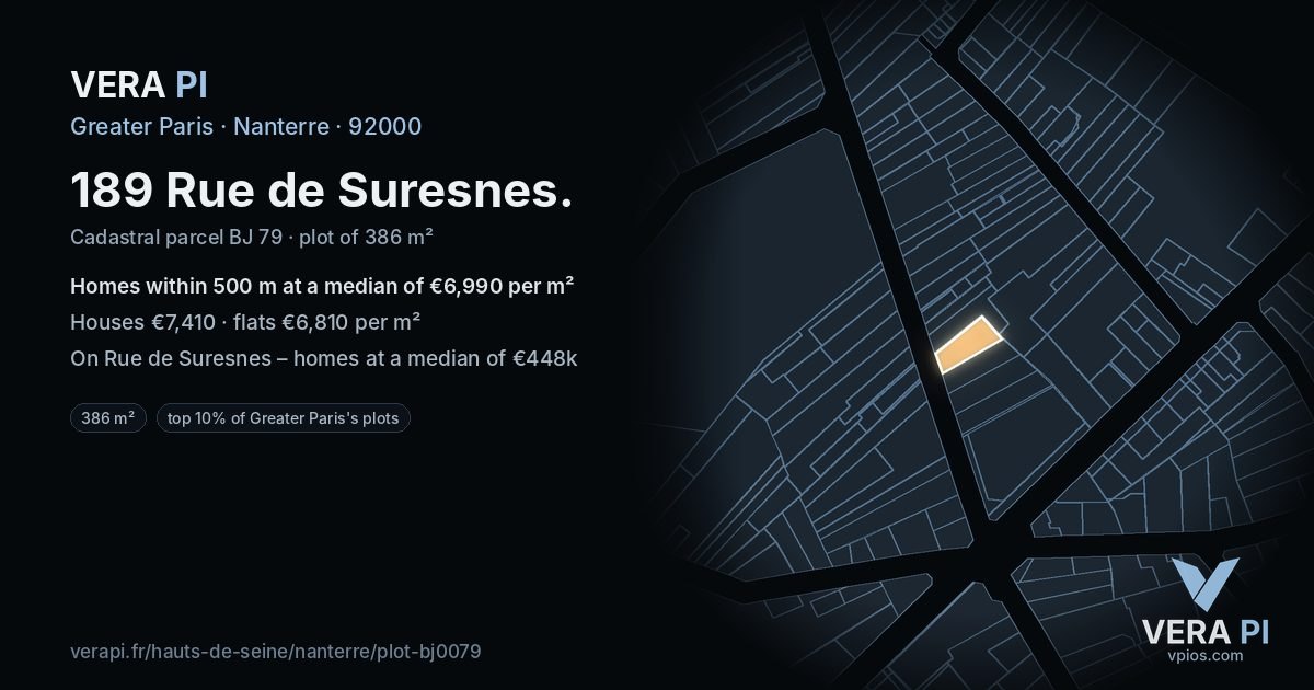 189 Rue de Suresnes, Nanterre at night – the plot lit, the parcels around coloured by the prices near them