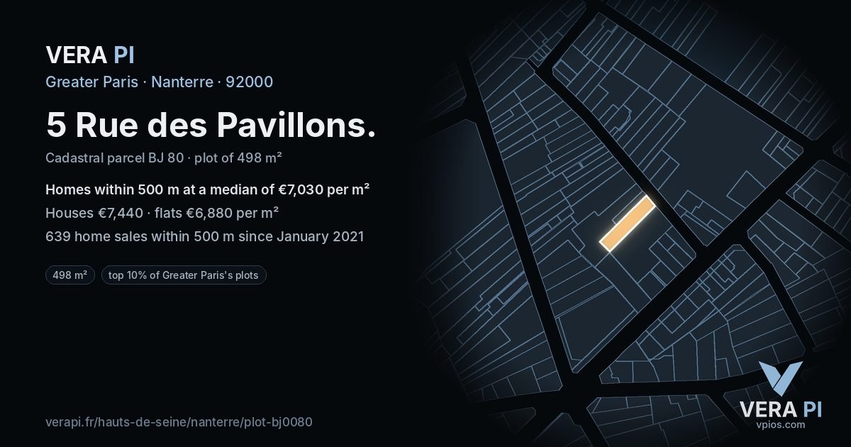 5 Rue des Pavillons, Nanterre at night – the plot lit, the parcels around coloured by the prices near them