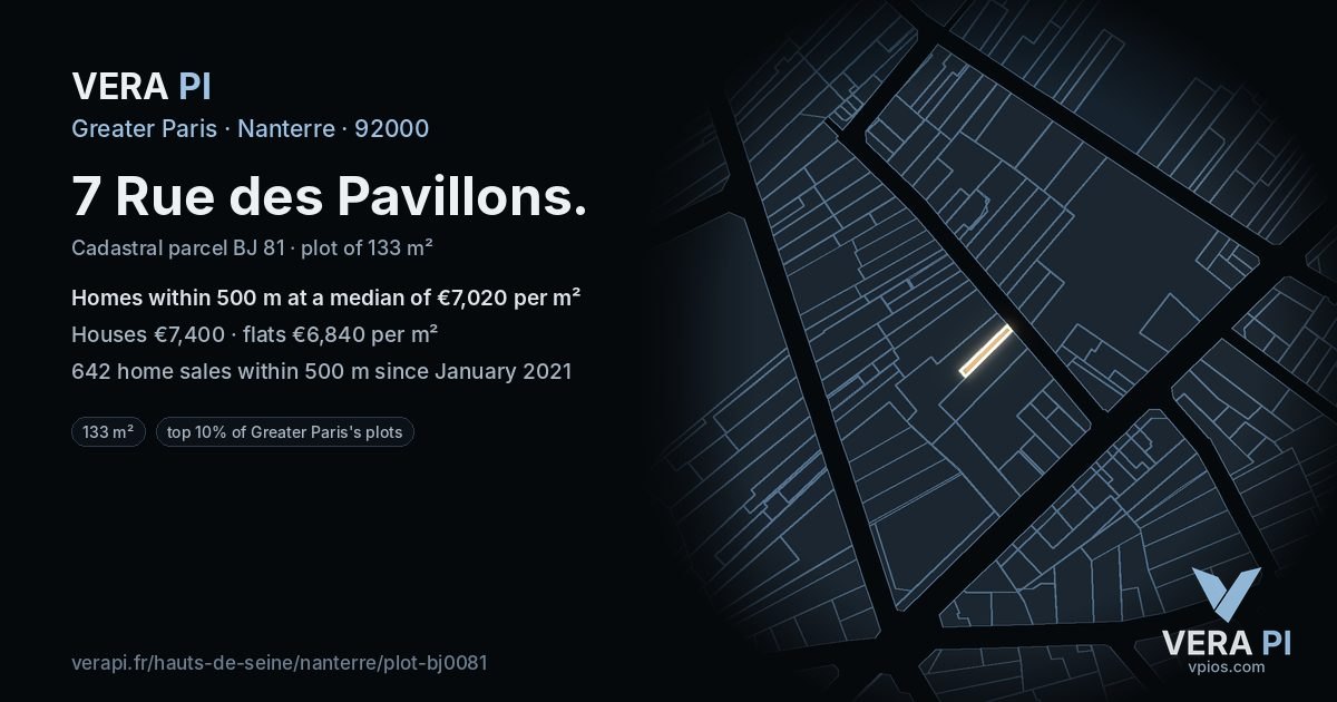 7 Rue des Pavillons, Nanterre at night – the plot lit, the parcels around coloured by the prices near them