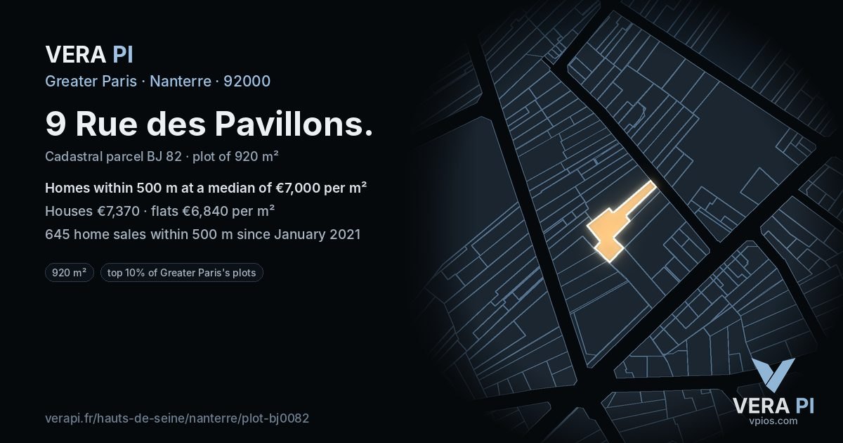 9 Rue des Pavillons, Nanterre at night – the plot lit, the parcels around coloured by the prices near them