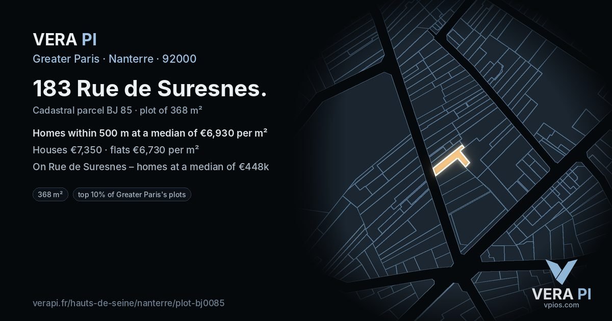 183 Rue de Suresnes, Nanterre at night – the plot lit, the parcels around coloured by the prices near them