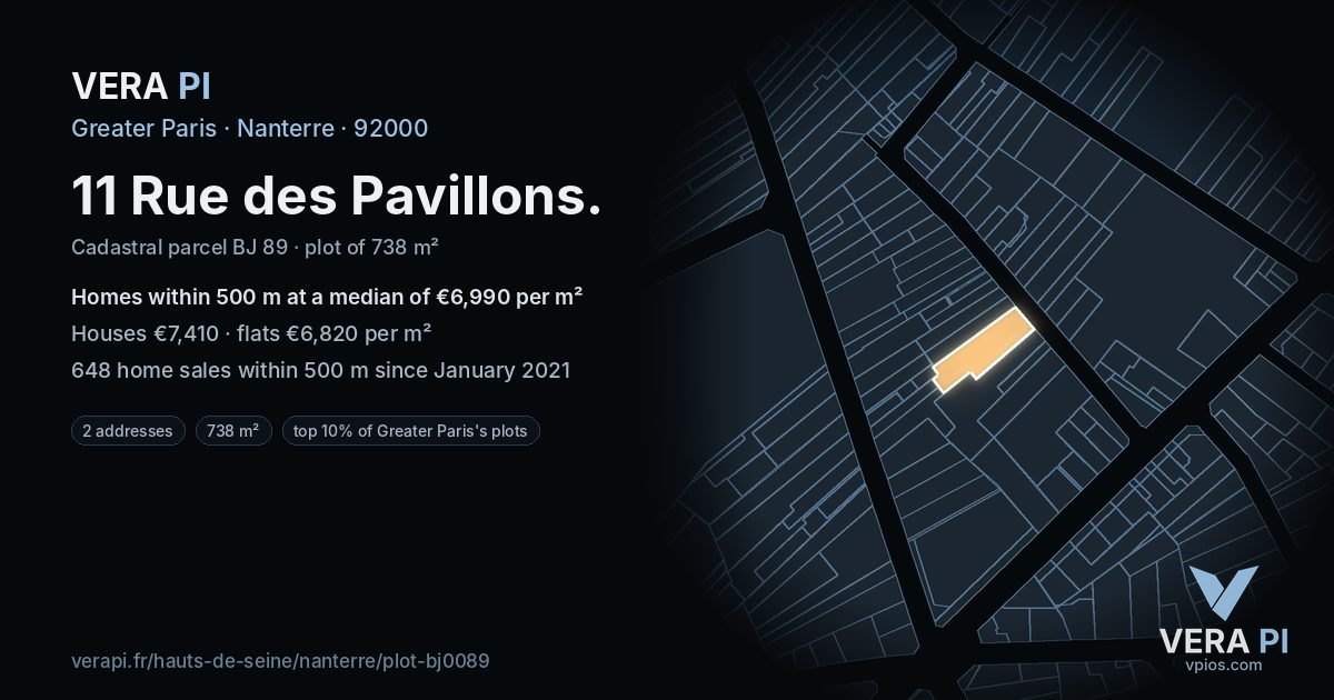 11 Rue des Pavillons, Nanterre at night – the plot lit, the parcels around coloured by the prices near them